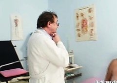 Breasty elder woman gyn clinic exam