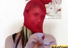 Hot blondie red spandex mask on her face