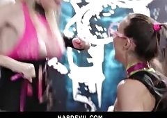 Four Sexy Stunners in a Frenzied Lesbian Foursome Pound Asses with Dildos and Strap-