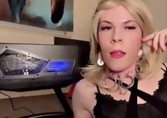 Machine milking of sissy F in chastity - Jessica Bloom cums hands free and swallows cum