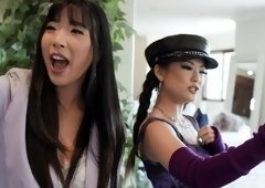 FFM threesome in the bedroom with Asian models Lulu Chu and Elle Lee