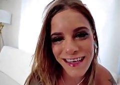 Tattooed Brunette Deepthroats Cock