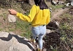AnGelya G and Russian Tourist Wife Suck Big Cock Outdoors on Hike Swallowing Cum