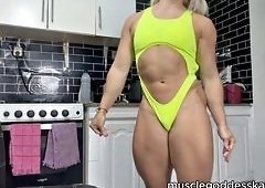 Blonde FBB Flexes Biceps and Big Butt in Thong for Gay Worship
