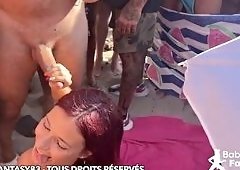 Scandalous Public Nudity Bukkake for Milf Cumslut Surrounded by Strangers
